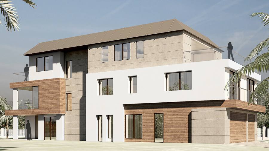 3-story house with ADU rendering, long side view