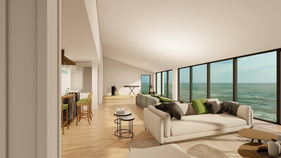 Second-floor remodel rendering, living room with ocean-view window wall