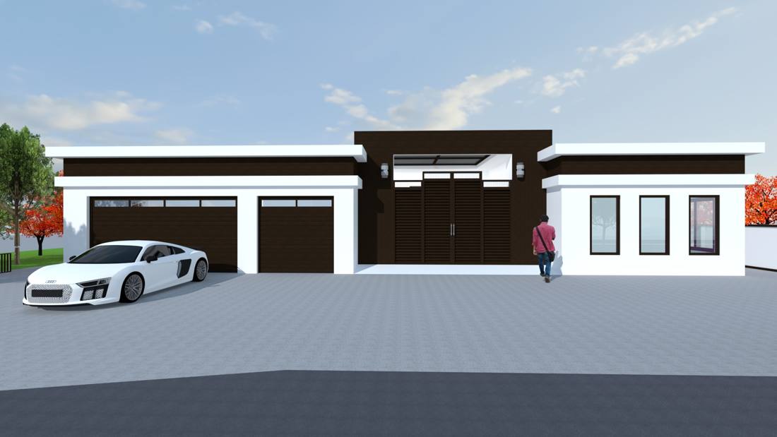 Hip-to-flat roof remodel rendering, front elevation with flat roof