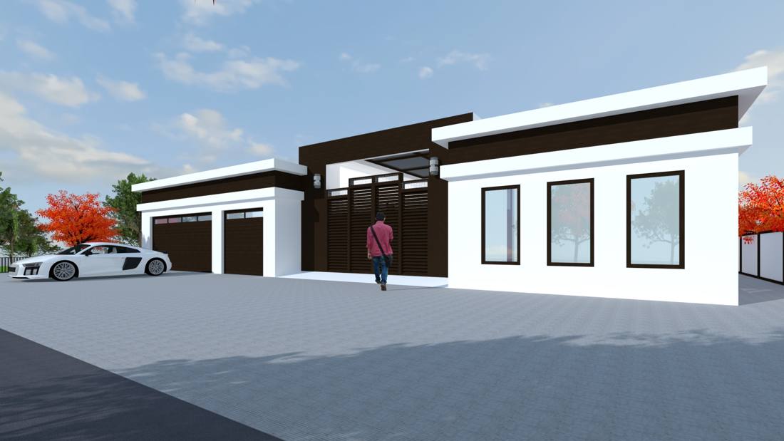 Hip-to-flat roof remodel rendering, front three-quarter view