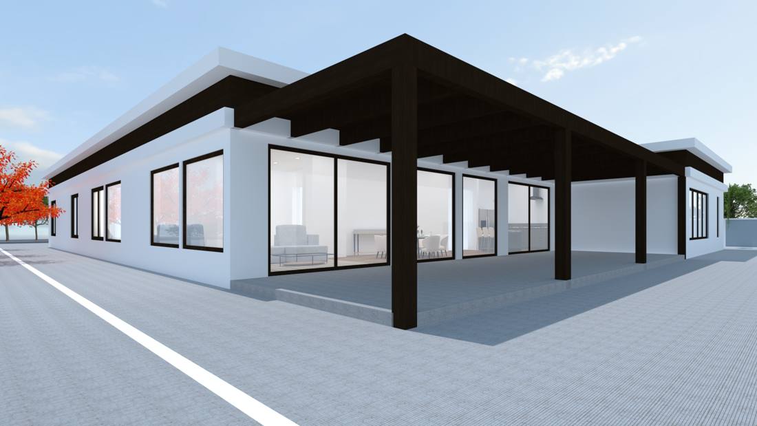 Hip-to-flat roof remodel rendering, covered patio with new window wall