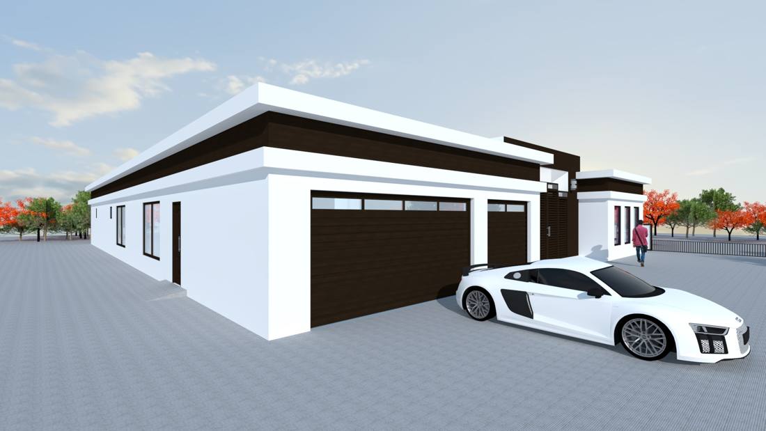 Hip-to-flat roof remodel rendering, garage side