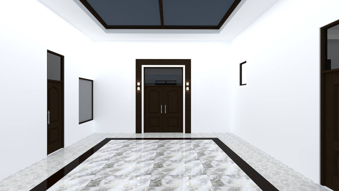 Hip-to-flat roof remodel rendering, entry foyer with skylight