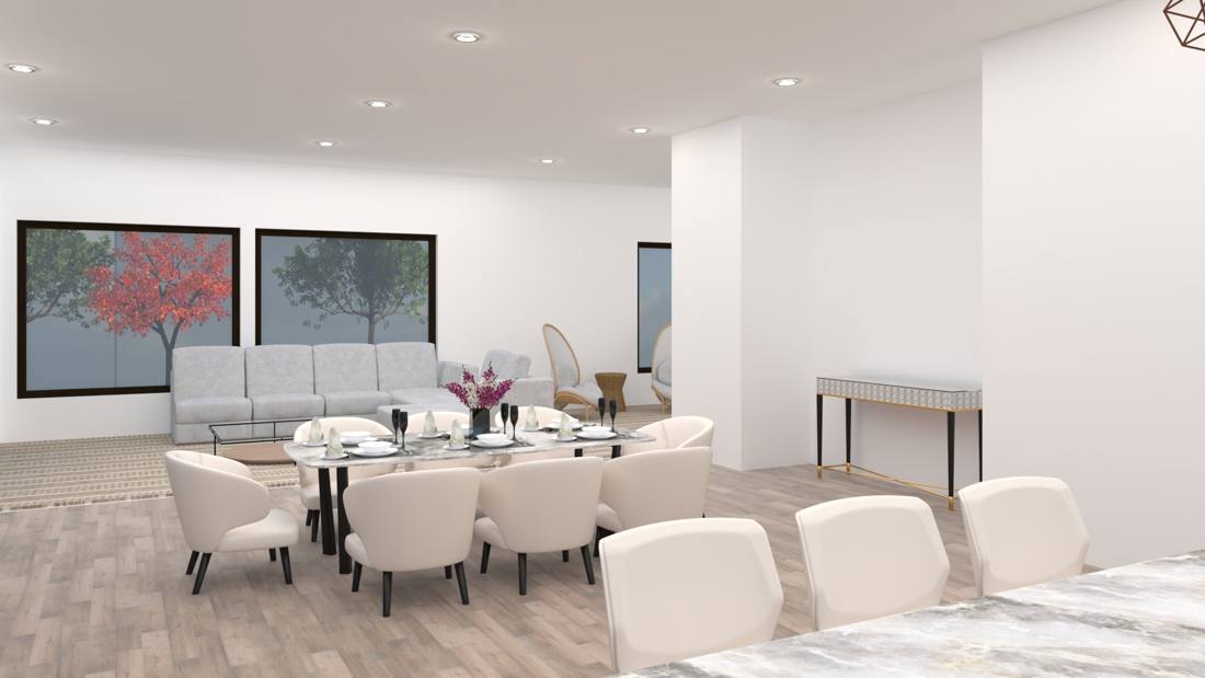 Hip-to-flat roof remodel rendering, dining and living room